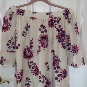 Off the shoulder floral dress.